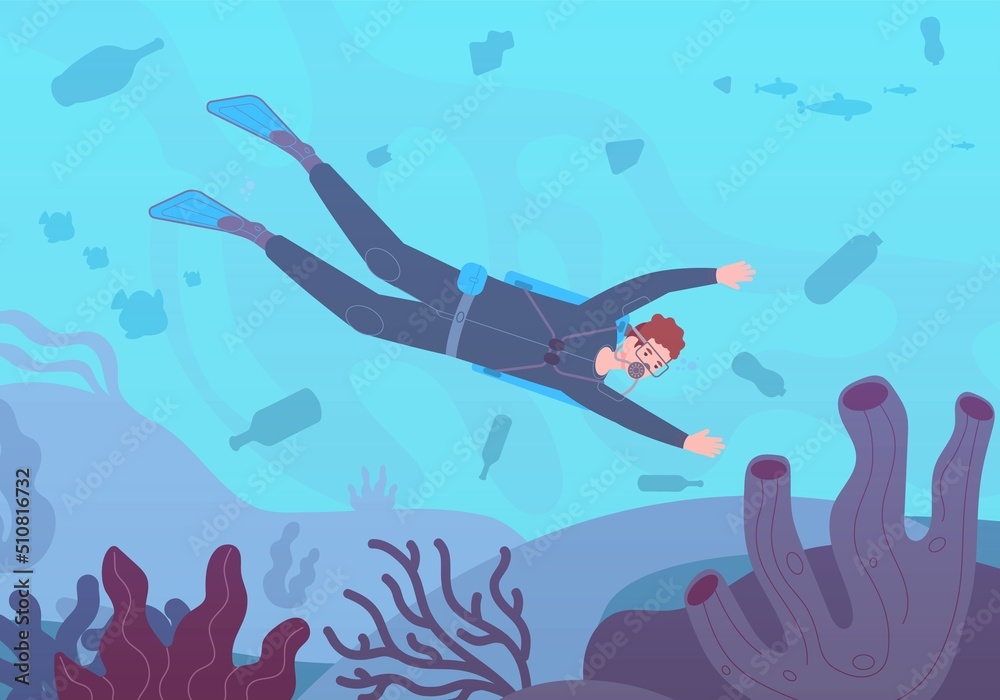 Underwater contamination. Diver in polluted ocean dirty sea, water pollution debris plastic garbage people dumping rubbish river floating litter waste, splendid vector illustration.jpg Underwater contamination. Diver in polluted ocean dirty sea, water pollution debris plastic garbage people dumping rubbish river floating litter waste, splendid vector illustration.jpg