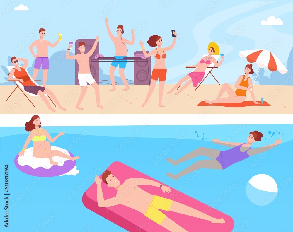 People pool party. Summer beach holiday swim club, hotel rest poolside event dj fun music float girl and boy in swimsuit tourist resort family vacation splendid vector illustration
