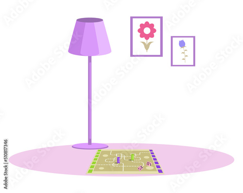 Cozy living room atmosphere with strategic board game. Home activity and recreation with educational logic game concept. Board with chips and dice on floor. Interior of room for family pastime