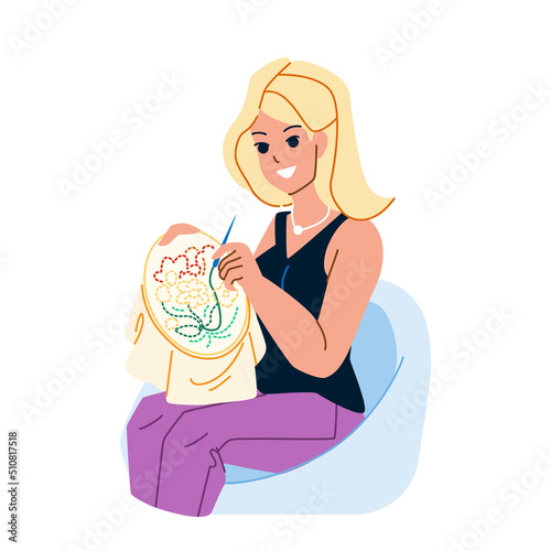 embroidery vector. design woman hobby, thread stitch, fabric fashion craft embroidery character. people flat cartoon illustration