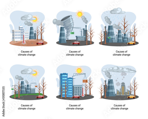 Global environmental problems. Land degradation. Soil erosion, desertification, deforestation. Causes climate change metaphor. Harm from activities industrial enterprises and emissions destroy planet