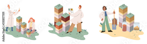 Soil analysis and earth pollution metaphor or structure control. Nutrients microorganism composition research ground layer structure sample. Soil laboratory test. Scientist measuring levels status