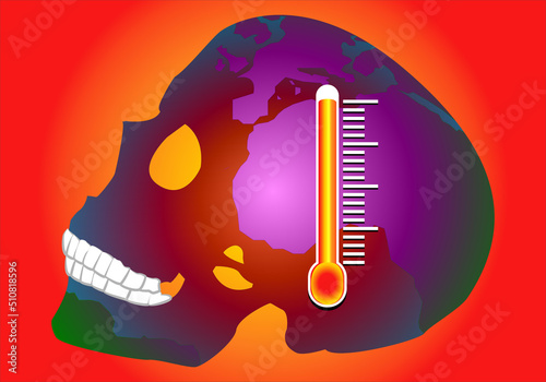 Calentamiento global. Crisis climática. Calavera con el relleno del planeta Tierra en colores brillantes y un termómetro al rojo vivo