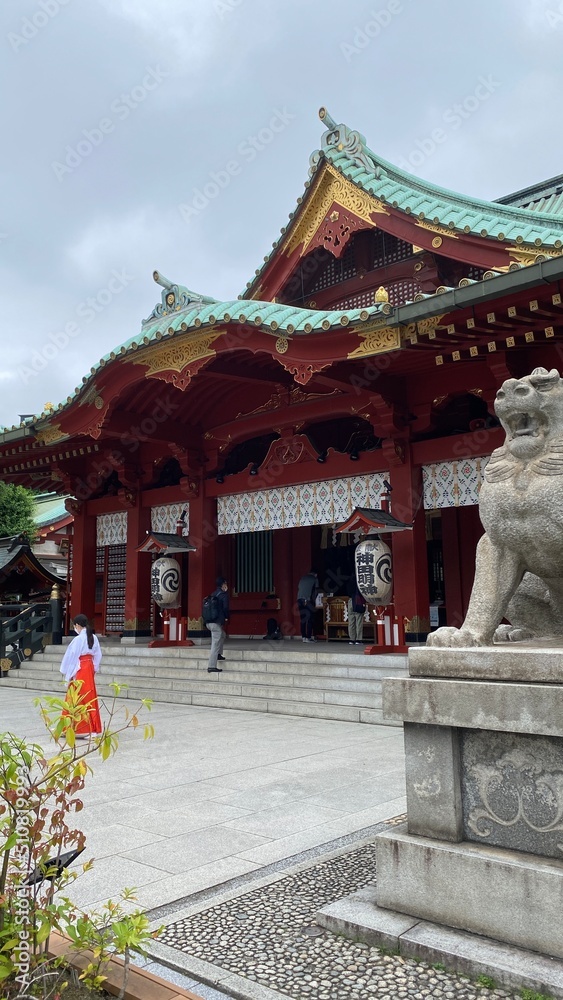 Fototapeta premium The Japanese shrine scene on a daily week, prayers and worship of our beautiful beliefs, shot taken on a rainy weekday year 2022 June 14th. “Kandamyojin”