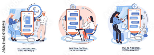 Online medical services mobile application consultation and prescription medicine professional doctor connecting and giving consultation for patient anywhere telemedicine metaphor, health care program