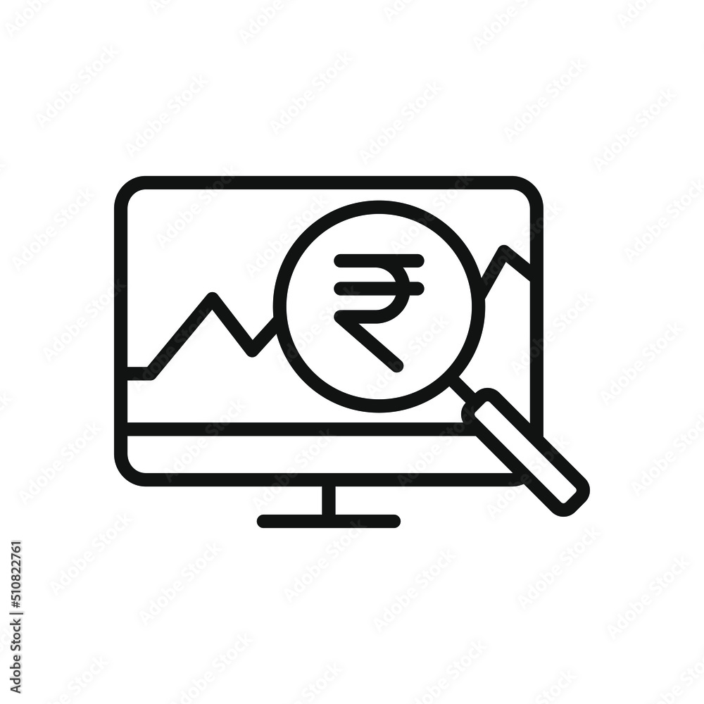 Rupee monitoring. Financial analysis, money research line icon isolated on white background. Vector illustration
