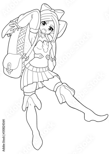 Sweet girl traveler painted in the style of Japanese comics manga. She has short hair with a bow  a huge backpack  she is in a skirt. Stockings and high boots are on your feet. Lineart 