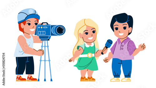 interview kid vector. child microphone, boy journalist, reporter speech, public mic speaker interview kid character. people flat cartoon illustration
