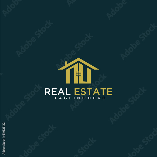 NU initial monogram logo for real estate with home shape creative design