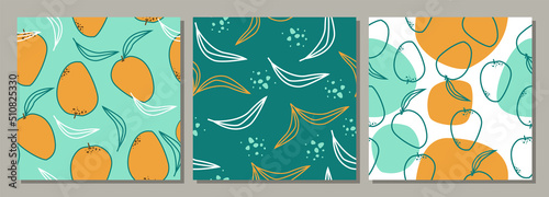 Seamless patterns, with mango and leaves. Vector graphic.