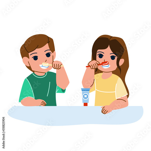 kid boy girl brushing teeth vector. toothbrush kindergarten, dental little baby, mouth care kid boy girl brushing teeth character. people flat cartoon illustration