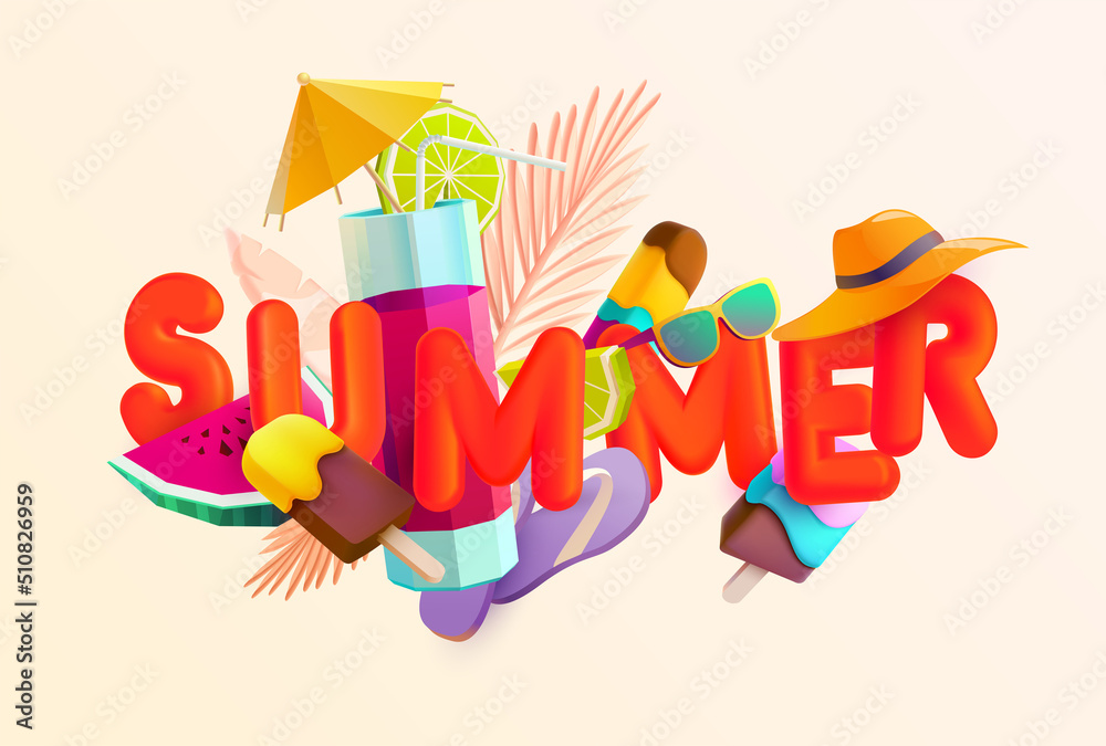 Summer holiday lettering with cocktail, ice cream, and tropical leaves. Bright vector poster design. Summer holiday lettering with cocktail, ice cream, and tropical leaves. Bright vector poster design.