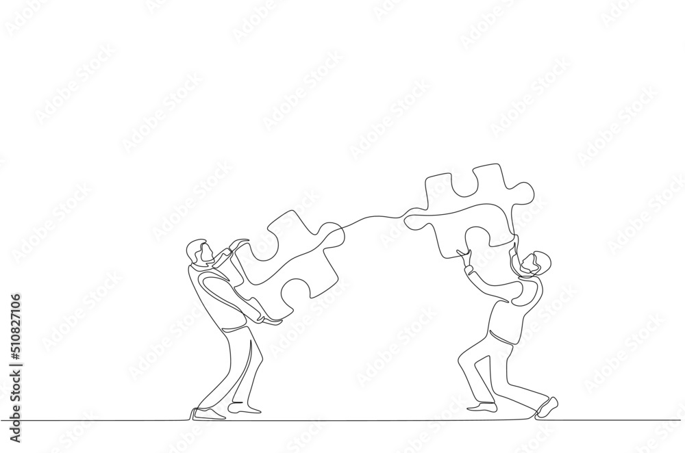 One continuous line drawing of two young businessmen push puzzle pieces to unite them as sign to start business collaboration. Modern unity teamwork concept single line draw design vector illustration One continuous line drawing of two young businessmen push puzzle pieces to unite them as sign to start business collaboration. Modern unity teamwork concept single line draw design vector illustration