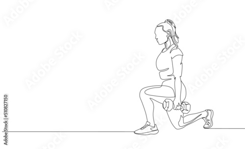 Single continuous line drawing of young sportive woman training in gym. Fitness stretching and exercises concept. One line draw design vector illustration