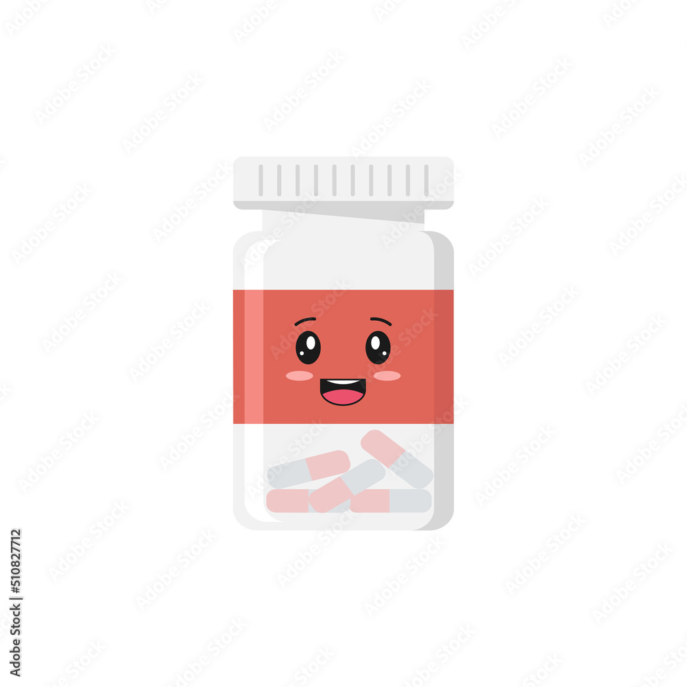 Smiling capsule jar. Cute character. A jar with medicine inside on a white background. Smiling capsule jar. Cute character. A jar with medicine inside on a white background.