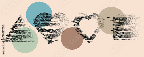 Glitch distorted geometric shape . Noise destroyed logo . Trendy defect error shapes . Glitched frame .Grunge textured . Distressed effect .Vector shapes with a halftone dots screen print texture.