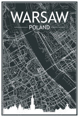 Dark printout city poster with panoramic skyline and hand-drawn streets network on dark gray background of the downtown WARSAW, POLAND