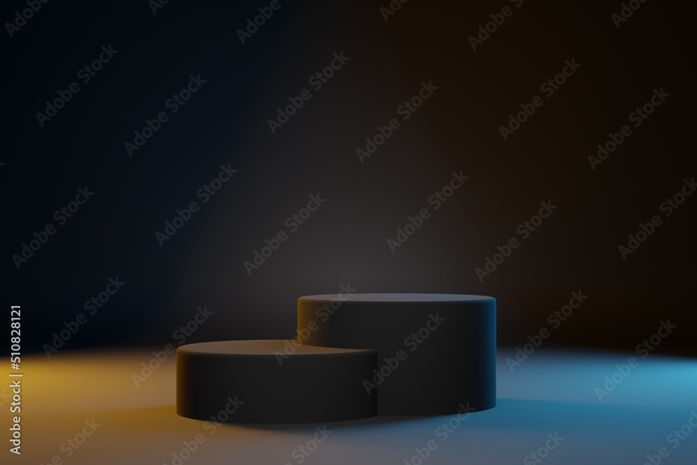 Two black cylinders pedestal for product showcase. Blach background, teal and orange light for cosmetics brand design and advertising. 3D-rendering