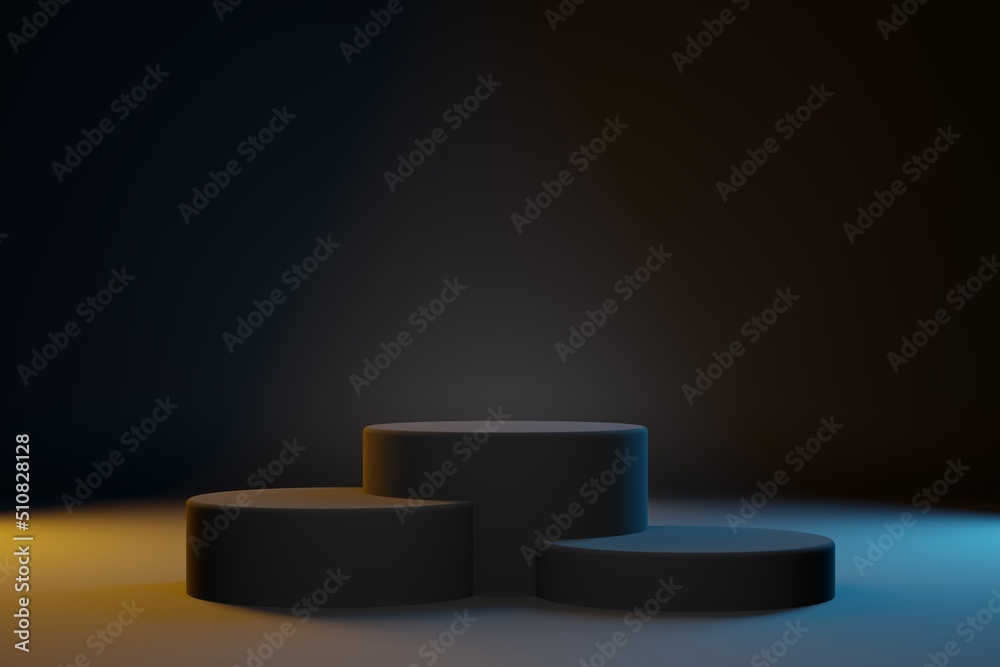 Three black cylinders pedestal for product showcase. Blach background, teal and orange light for cosmetics brand design and advertising. 3D-rendering