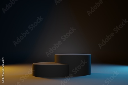 Obraz na płótnie Two black cylinders pedestal for product showcase. Blach background, teal and orange light for cosmetics brand design and advertising. 3D-rendering w salonie