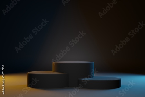 Obraz na płótnie Three black cylinders pedestal for product showcase. Blach background, teal and orange light for cosmetics brand design and advertising. 3D-rendering w salonie