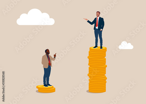 White entrepreneur standing on high salary coins tower with poor black man on low coins stack. Economic inequality, rich and poor gap, unfairness income, different money people being paid.