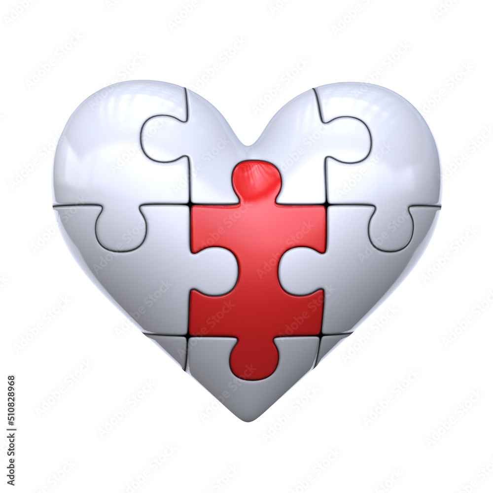 Jigsaw 3d heart with one red piece on white background 3d rendering Jigsaw 3d heart with one red piece on white background 3d rendering