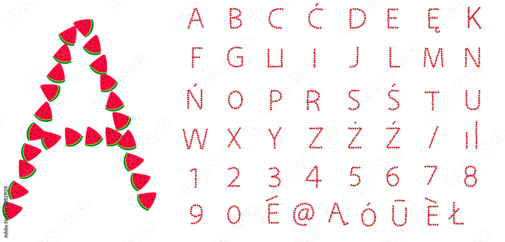 Fototapeta premium arbuz arbuzowe litery numery alfabet owocowy wiosenny czerwony owoc zdrowe jedzenie