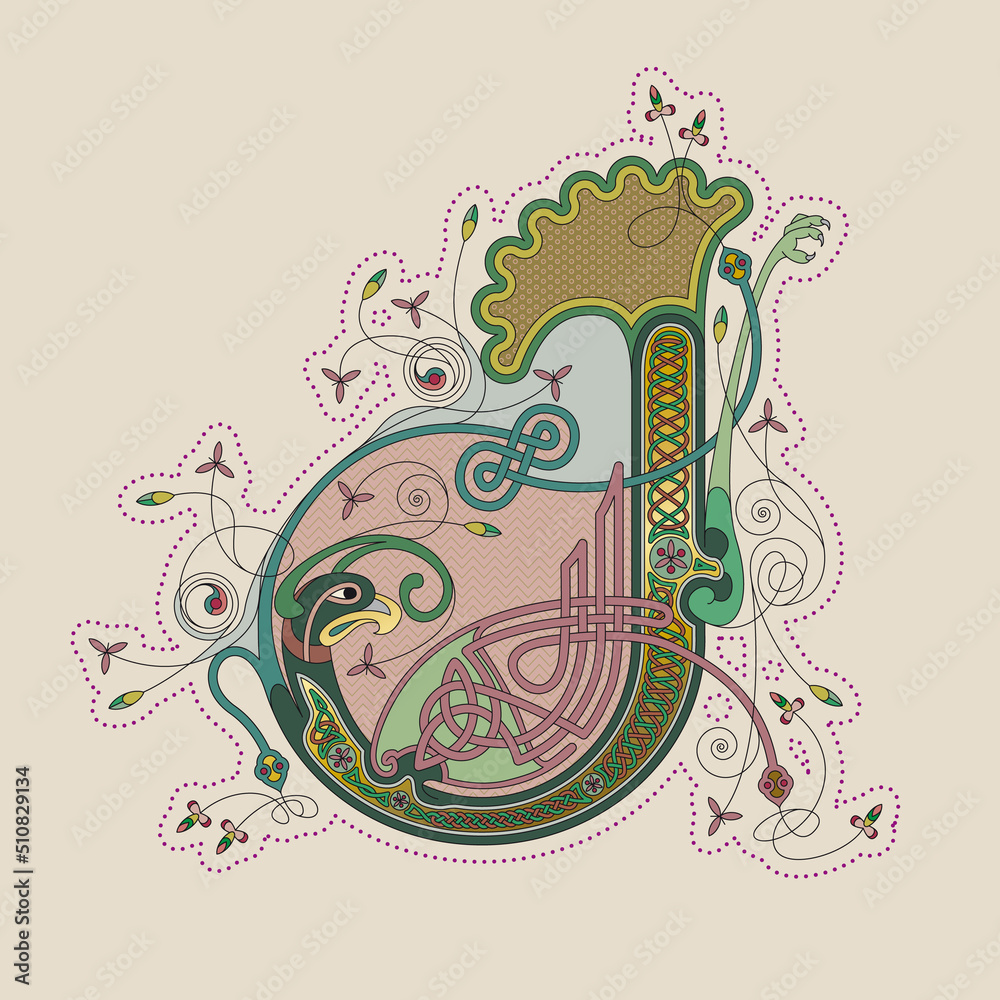 Illuminated, Medieval Initial Letter J combining animal body parts from