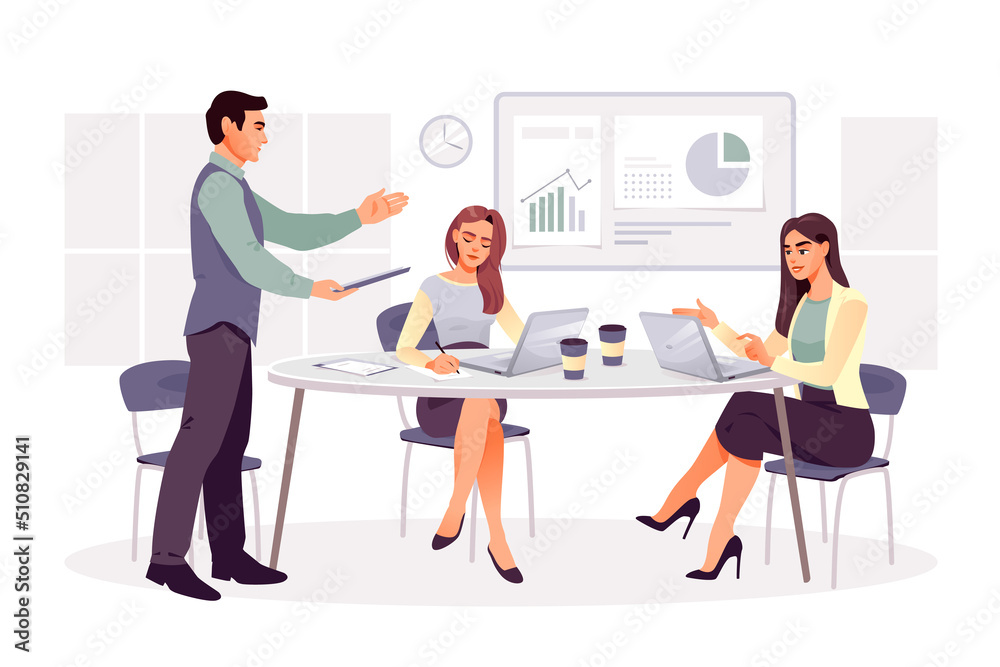 Team of people sitting at desk with laptops, working together. Business meetings, business presentation or training.  Meeting of colleagues. Coworking, teamwork concept. Flat vector illustration
