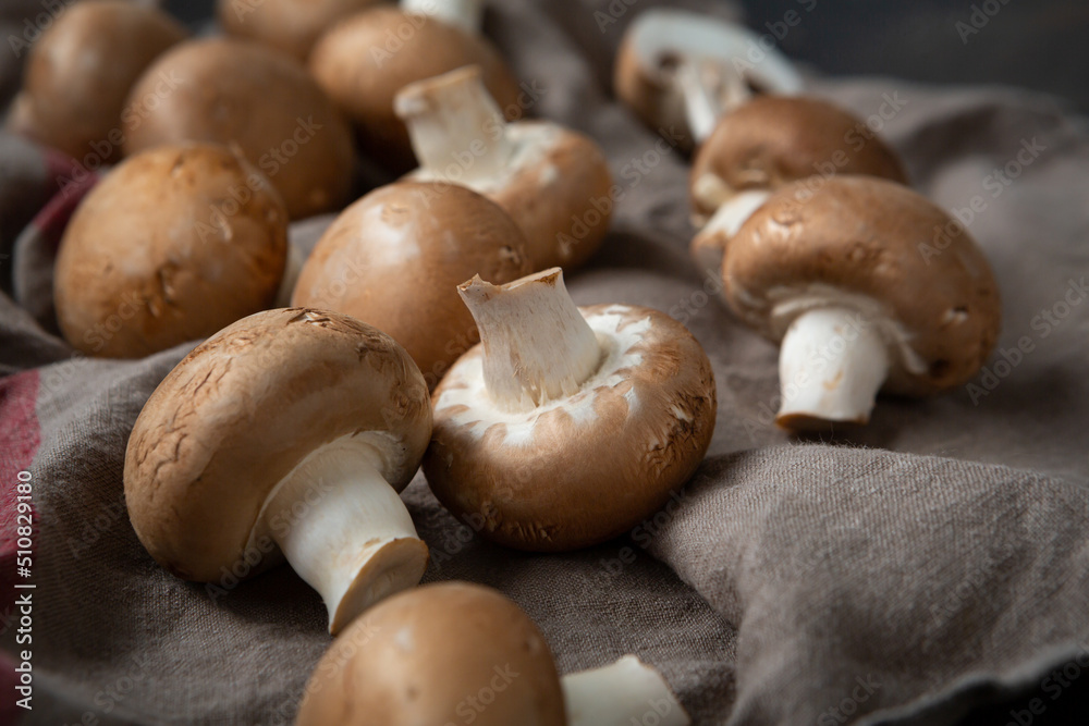 Close up of shiitake mushrooms on kitchen textile raw food Close up of shiitake mushrooms on kitchen textile raw food