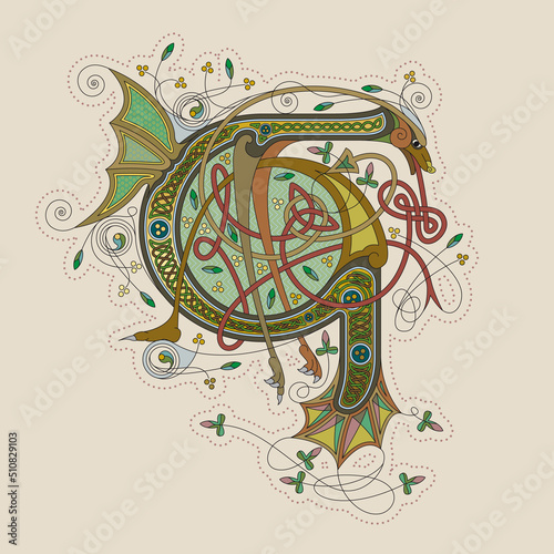 Illuminated, Medieval Initial Letter G combining animal body parts from a Dog and a Dragon, tendrils and endless Celtic knot ornaments