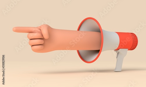 Pointing hand coming from a megaphone. 3D rendering © ink drop