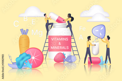 Nutrition, vitamins and food supplements for healthy diet. Tiny people holding pill full of antioxidants, minerals and vitamins in packing flat vector illustration. Wellness, medication concept