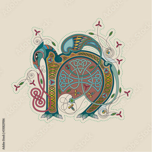 Illuminated, Medieval Initial Letter N combining animal body parts from a Horse, tendrils and endless Celtic knot ornaments