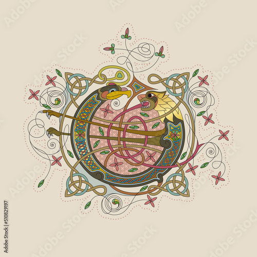 Illuminated, Medieval Initial Letter O combining animal body parts from an Eagle and a Lion, tendrils and endless Celtic knot ornaments