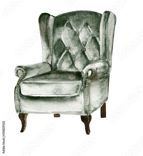 Watecolor old green velvet armchair
