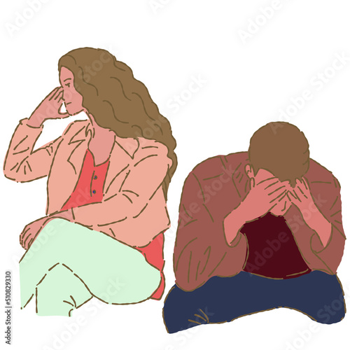Hand drawn flat vector illustration of a couple cartoon character avoid looking at each other after fight, argue, angry,family problem isolated on white background