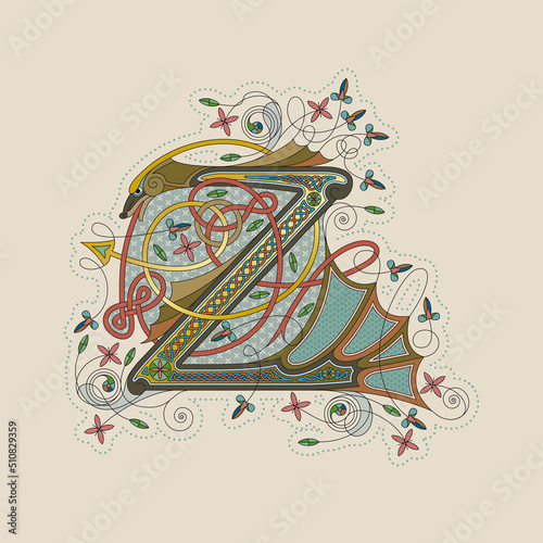 Illuminated, Medieval Initial Letter Z combining animal body parts from a Dog and a Dragon-Fish, tendrils and endless Celtic knot ornaments