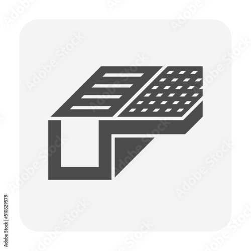 Drain gutter and grate vector icon. May called trench, ditch or street gutter for irrigation, stormwater drainage system by drain water from downspout, garden, yard, road, city, driveway to sewer.
