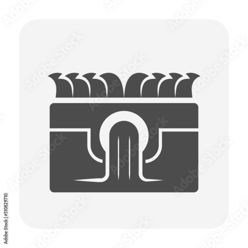 French drain or stormwater drainage system vector icon consist of soil, water flow, corrugated perforated pipe, infiltration basin install at underground. To drain water from land, lawn, yard, garden.