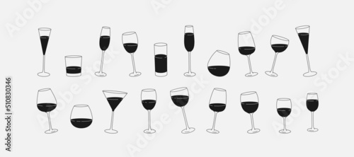 Collection of different glass and wineglass or drink cocktails. Minimal linear trendy style. Line icons for logo in restaurant or bar. Vector