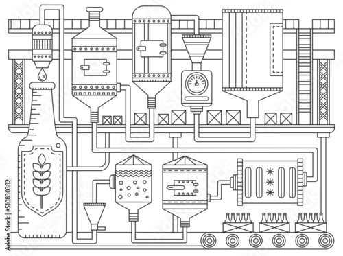 Craft beer production thin line infographic vector illustration. Abstract outline manufacturing process with equipment, fermentation ingredients, filtration with automation machines, storage