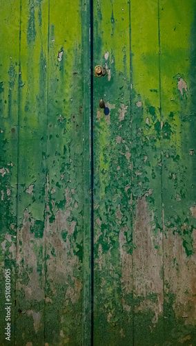 old weathered green wooden doors paint peeling and fading exterior doors of old house in the Azores of Portugal on the island of faial vertical format background or backdrop room for type content © Shawn Hamilton CLiX 