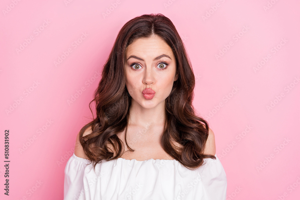 Portrait of young lovely sweet young female go on romantic date with boyfriend isolated on pink color background Portrait of young lovely sweet young female go on romantic date with boyfriend isolated on pink color background