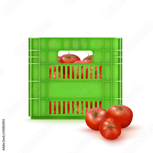 3d Green Plastic Crate And Red Tomatos. Realistic Vector Illustration Isolated On White. Front View