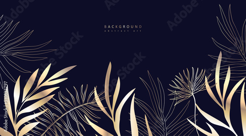 Abstract floral art background. Golden flowers and herbs. and wallpaper. Luxury Botanical cover design with text. Vector art for wallpaper or wall decoration. Hand drawn sketch