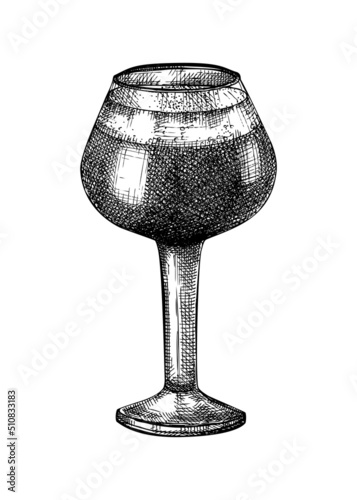 Sketched dark beer glass illustration. Vector sketch of the popular alcoholic drink bowl isolated on white background.  Vintage drawing of beer with foam for pub, bar, or restaurant menu design.