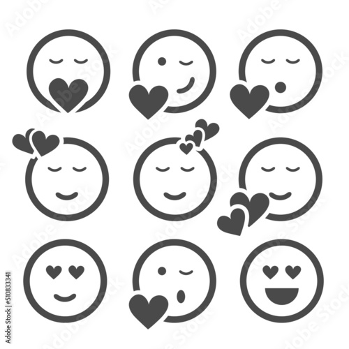 Set of Black and White Loving Emoji, Round Simple Icons with Hearts Isolated on White - Design Template Clip-Art Illustration in Editable Vector Format