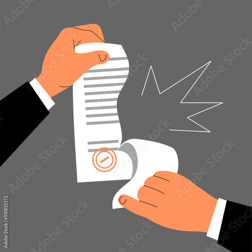 Man tearing up a paper business document contract. Employment agreement, inheritance, testament. Cancellation, rescission and anger. Flat vector isolated illustration